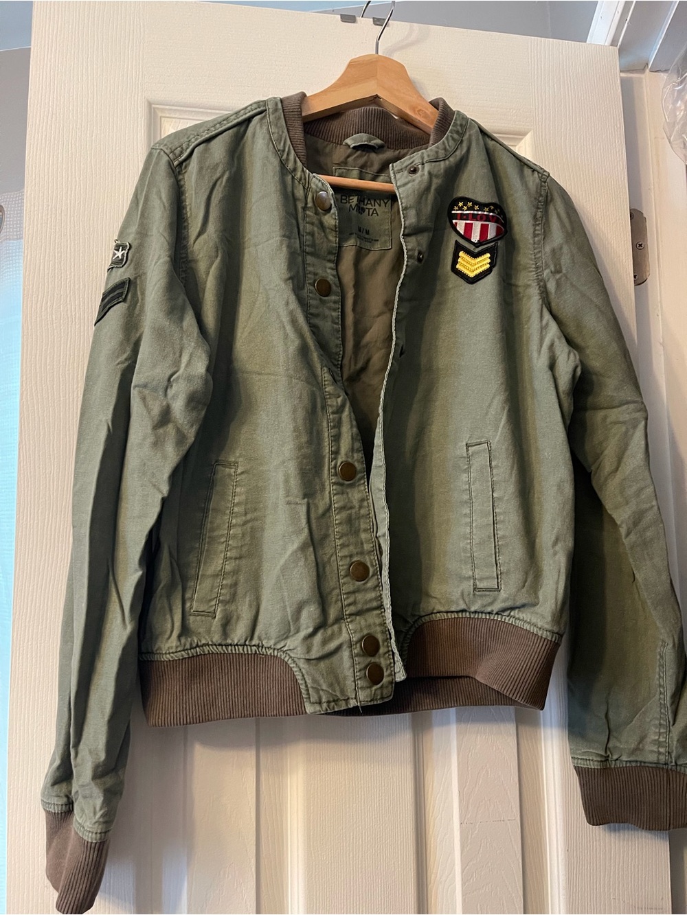 Aeropostale Olive Green Bomber Jacket with Brown Trim